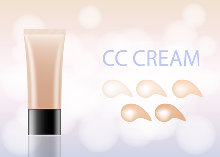 CC-cream foundation concealer packaging Mock-up with skin tone chart. Soft background. Make-up cosmetic product branding, advertisement. Cream tube realistic vector illustration.のイラスト素材
