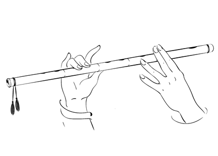 Drawing of hands playing on flute. Lord Krishna vector illustration for Happy Janmashtami, annual Hindu festival greetings.のイラスト素材