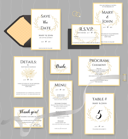 Wedding stationery collection. Vector set of invitation cards, Menu, Table place, Save the date, etc. Designed Envelopes, silk ribbon and golden rings for decoration.のイラスト素材
