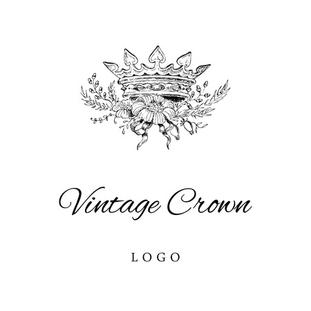 Royal Crown Logo Template. Vintage styled hand drawn logotype for person, company, brand.のイラスト素材