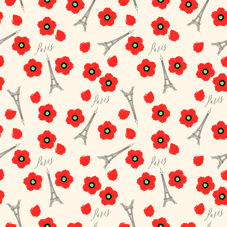 Seamless pattern. Eiffel tower and red poppies, Paris, France. Vector backgroundのイラスト素材
