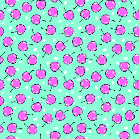 Bright and yummi cherries, seamless pattern. vector illustration, hand drawn.
