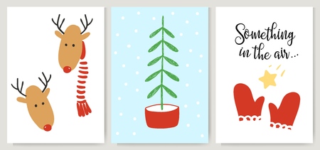 Cute Xmas cards, posters, lettering in cartoon style. Deer, Christmas tree and red mittensのイラスト素材