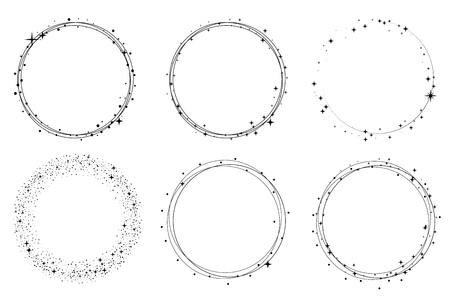 Set of vector graphic circle frames. Wreaths for design, logo template. Stardust, stars, starry sky.のイラスト素材