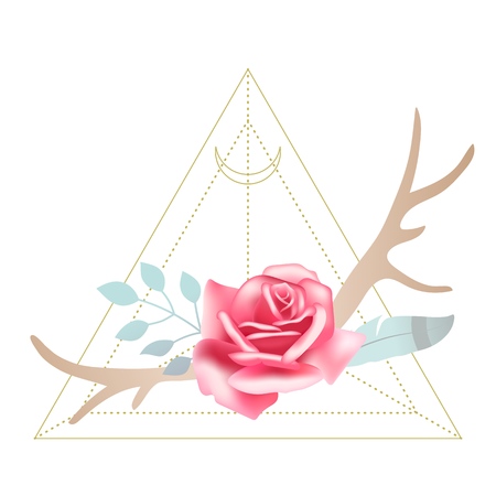 Boho styled beautiful pink rose with deer antlers, feather and leaves. Sacred geometry Moon triangle on background. Design element, vector illustrationのイラスト素材