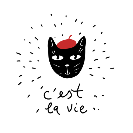 Cute black cat illustration in doodle style. French text means This is life.のイラスト素材
