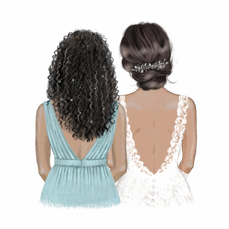 Black bride and bridesmaid. Hand drawn illustrationのイラスト素材