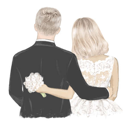 Bride and Groom on Wedding day hand drawn Illustrationのイラスト素材