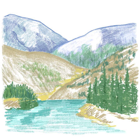 Sketch of mountain forest and lake landscape in Colorado national parkのイラスト素材