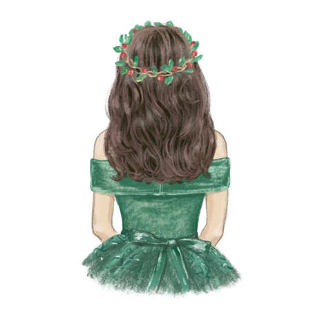Young woman in beautiful Christmas dress and wreath, hand drawn illustrationのイラスト素材