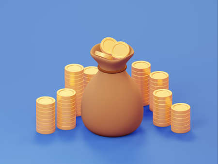 Money bag with golden coins, 3d rendering in cartoon minimal style. Banking, cash, investment growth...