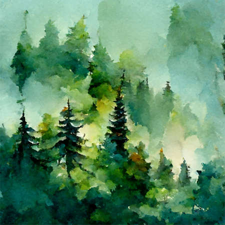 Green coniferous forest in mountains, watercolor illustration