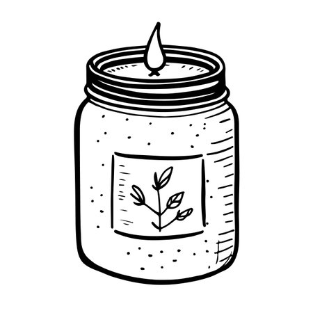 Handmade Candle in glass jar with herbal label. Hand drawn, doodle vector illustrationのイラスト素材