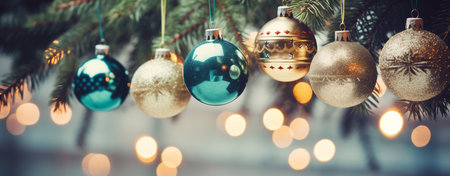 Christmas balls on a festive fir tree, vintage style background, banner, wallpaperの素材