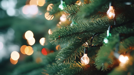 Lighting garland bulbs on a fir tree, macro view. Merry Christmas and happy New Year horizontal banner, concept, wallpaperの素材
