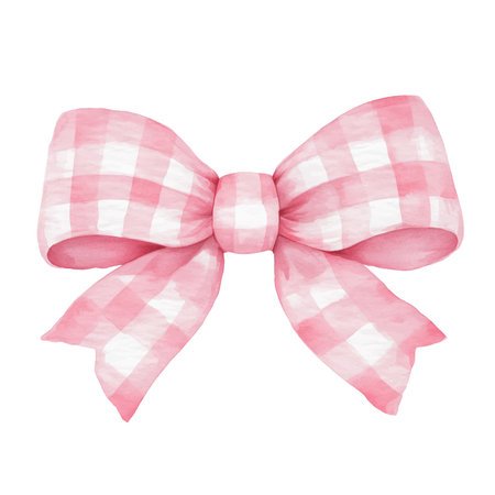 Pink Gingham Coquette Bow, cute clipart in soft pastel colors, watercolor styleのイラスト素材