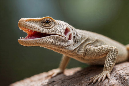 Closeup of a lizard on a tree trunk with open mouth.の素材