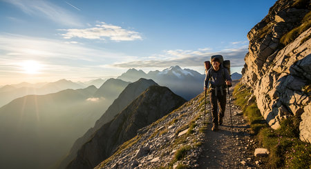 A lone adventurer traverses a high mountain path during a breathtaking sunrise.の素材