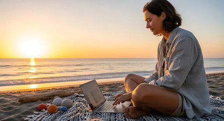 A young woman works remotely on her laptop on a tranquil beach at sunset.の素材