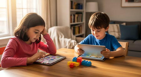 Two young siblings focused on tablets, learning and playing in a bright home.の素材