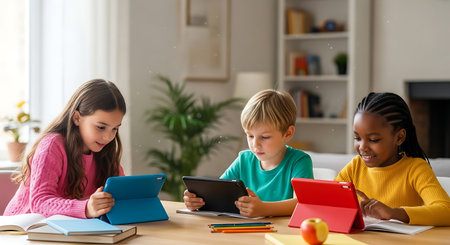 Modern education: diverse kids focused on learning via digital tablets.の素材