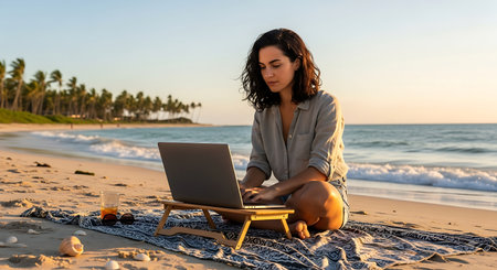 Young woman works remotely on laptop at a beautiful tropical beach during sunset.の素材