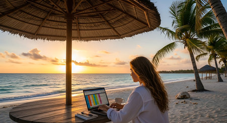 Professional woman working remotely on laptop at sunset on a serene tropical beach. Showcases flexible work and digital nomad lifestyle.の素材