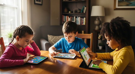 Three young kids immersed in educational apps on tablets at a cozy home table.の素材