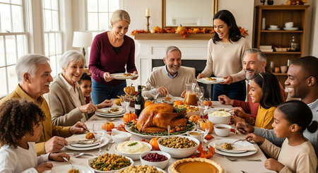 Happy multi-generational family enjoying a festive Thanksgiving dinner together.の素材