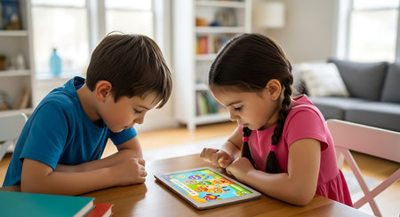 Focused children, boy and girl, using tablet for educational app.の素材