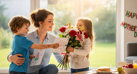 Happy family celebrating Mother's Day with kids giving mom flowers and handmade gifts.の素材