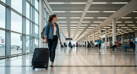 Female traveler with suitcase in a contemporary airport, ready for her journey.の素材