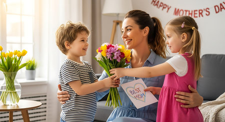 Loving children present mom with bouquet and 'Best Mom' card on Mother's Day.の素材