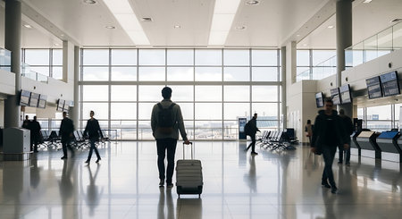 Back view of a man pulling a suitcase in a bright, spacious airport hall.の素材