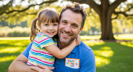 Smiling dad and daughter hug in a sunny park, celebrating Father's Day joy.の素材