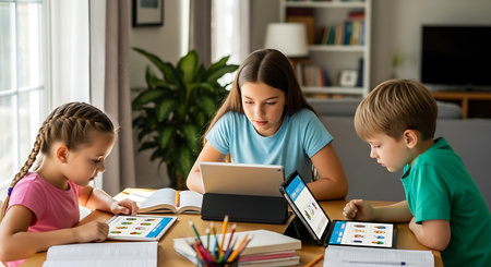 Kids focused on digital tablets for e-learning and educational activities at home.の素材