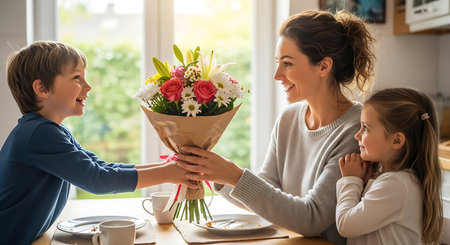 Son gives bouquet to mom, daughter watches, celebrating at home.の素材