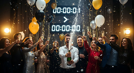 Joyful friends toast with champagne as a bottle pops, confetti falls during a festive New Year's countdown celebration.の素材