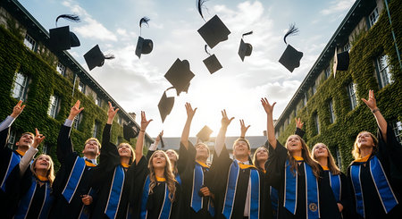 Diverse graduates toss caps in celebration, symbolizing academic success and future endeavors.の素材