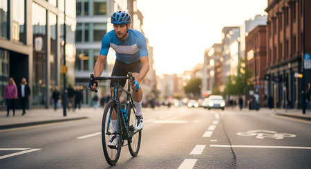 Young male cyclist focused on riding his road bike through a city street at sunset.の素材