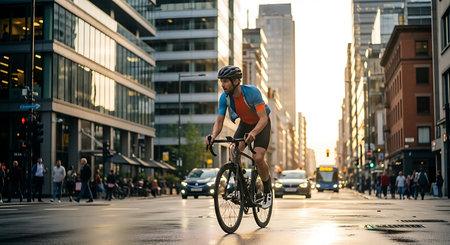 Man on a road bike in a vibrant city, dynamic shot during golden hour.の素材