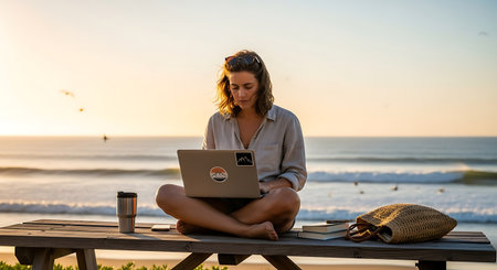 Young woman focused on laptop, working from serene beach at sunset.の素材
