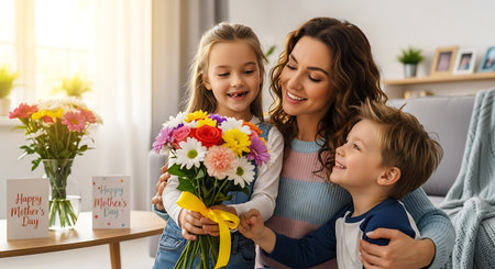 Children surprise their loving mom with a bouquet of colorful flowers at home.の素材