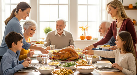 Joyful family gathering for a traditional holiday feast with roasted turkey.の素材