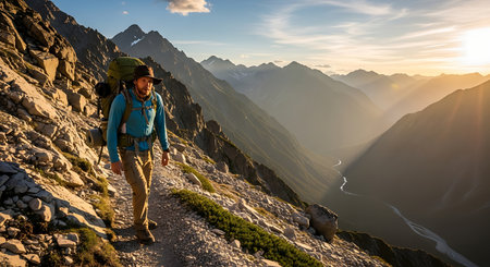 Backpacker explores a high mountain trail overlooking a serene river valley.の素材