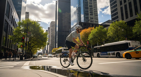 Man cycles through a vibrant city street with tall buildings and traffic.の素材