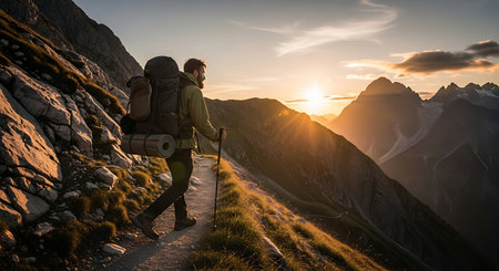 Adventurous man backpacking on a scenic mountain trail during golden hour.の素材