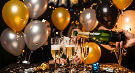 Hand pouring champagne into flutes amidst balloons, confetti, and bokeh lights.の素材