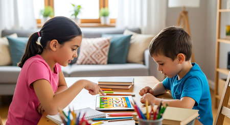 Siblings learning together using a digital tablet for educational games.の素材