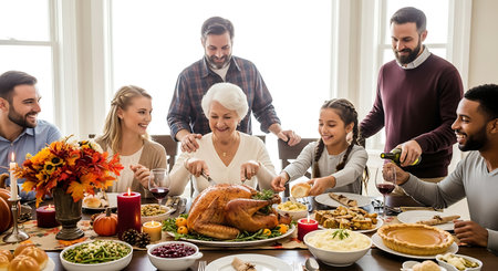Warm family dinner scene, diverse generations enjoying a Thanksgiving meal.の素材